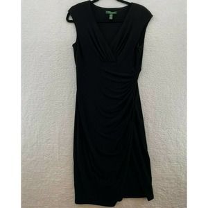 Lauren Ralph Lauren Womens Size 8 Black Ruched Side Fitted Faux Wrap Dress